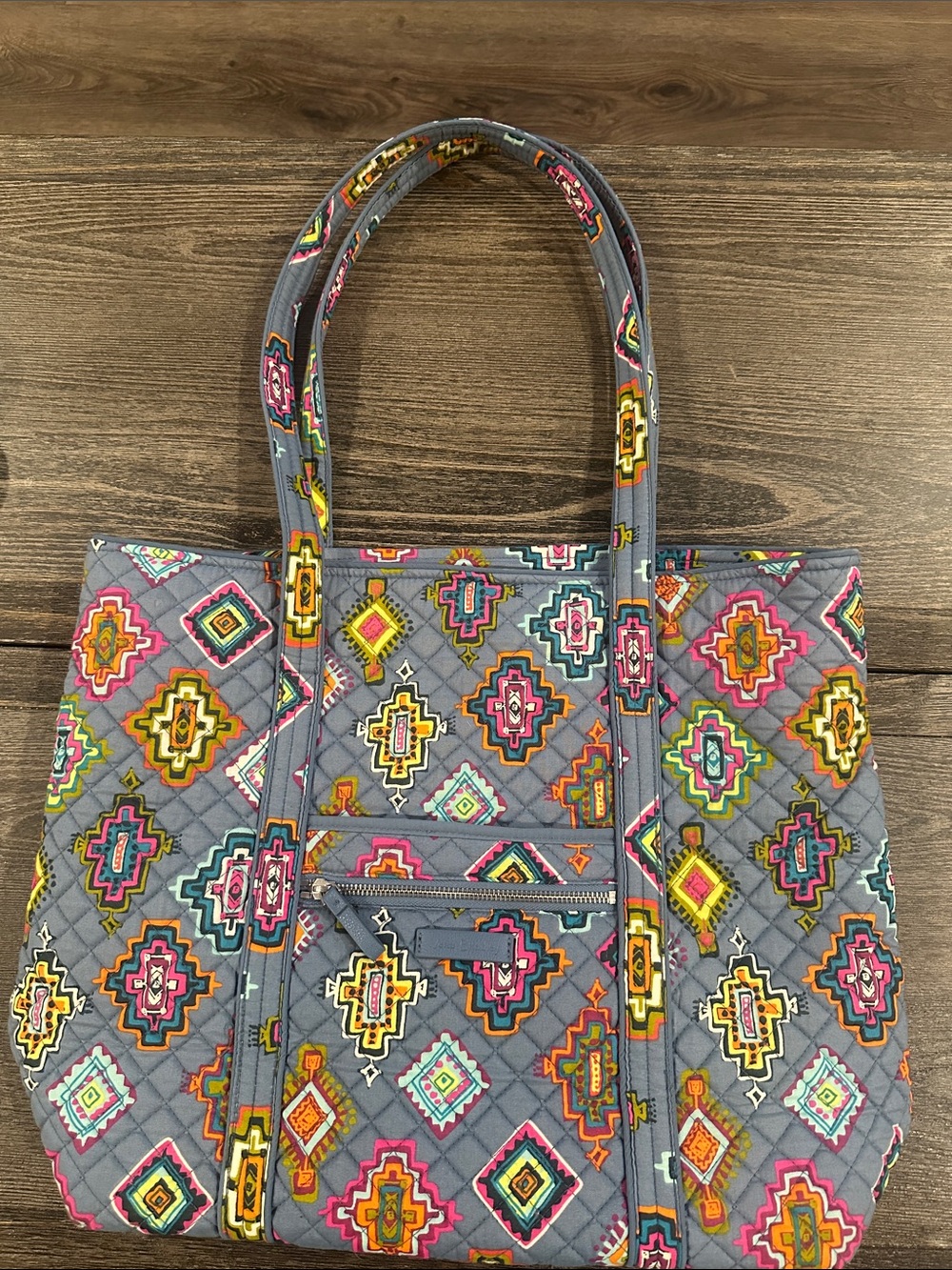 Vera Bradley Gray Quilted Tote with Bright Multicolor Geometric Pattern